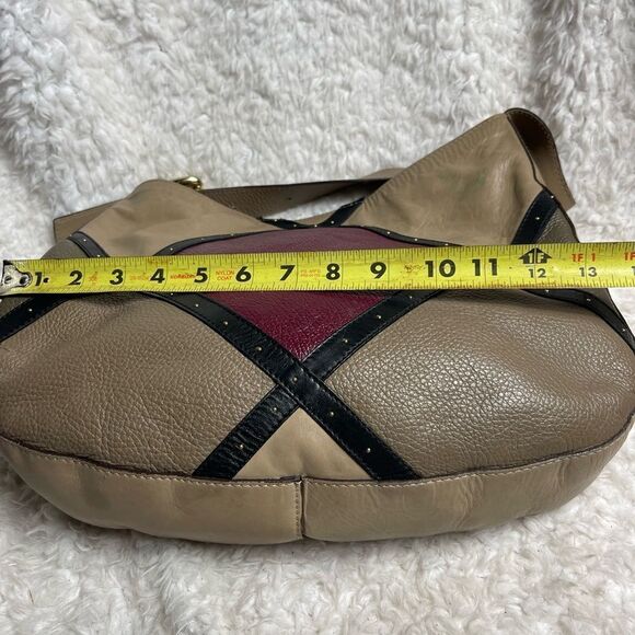 A.Bellucci leather khaki,taupe,burgundy &black stripes shoulder bag studs accent - Picture 10 of 16